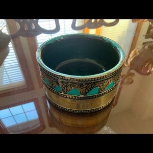 Copper overlay on pottery. Beautiful deep turquoise color . Striking dec…